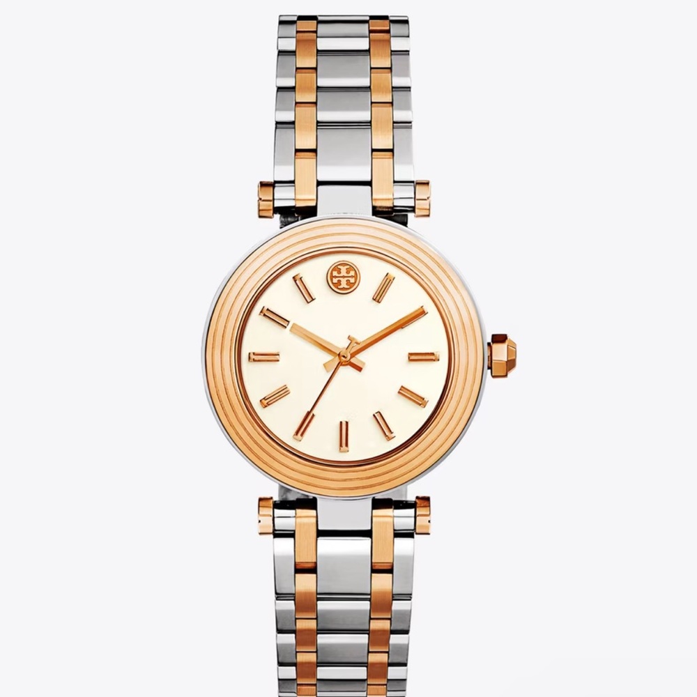NWT Tory Burch Classic T Watch Two Tone Rose Gold Silver TBW9011 Logo